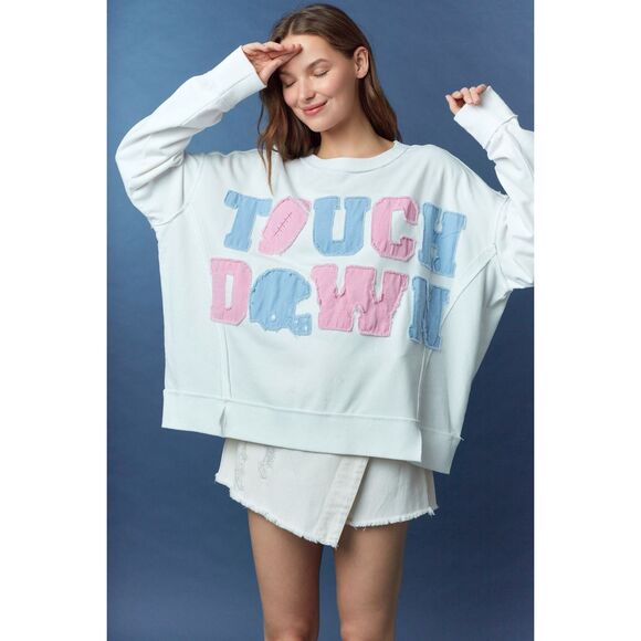 Peach Love California Sweaters - #2010. Peace Love CA Off White ‘Touch Down’ Oversized Frayed Edge Twill  Sweatsh
